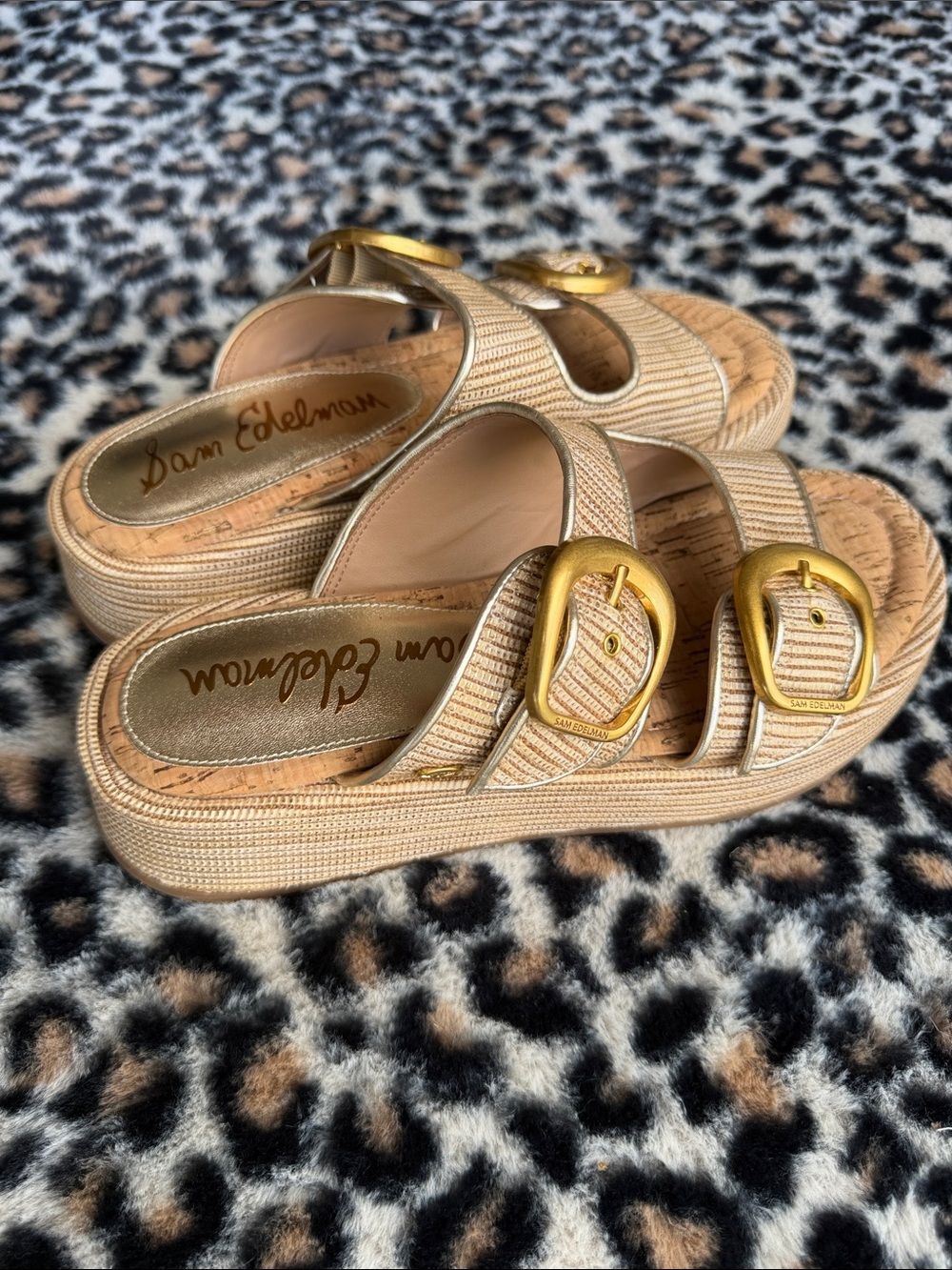 Sam Edelman Beige Woven Platform Sandals with Gold Buckles